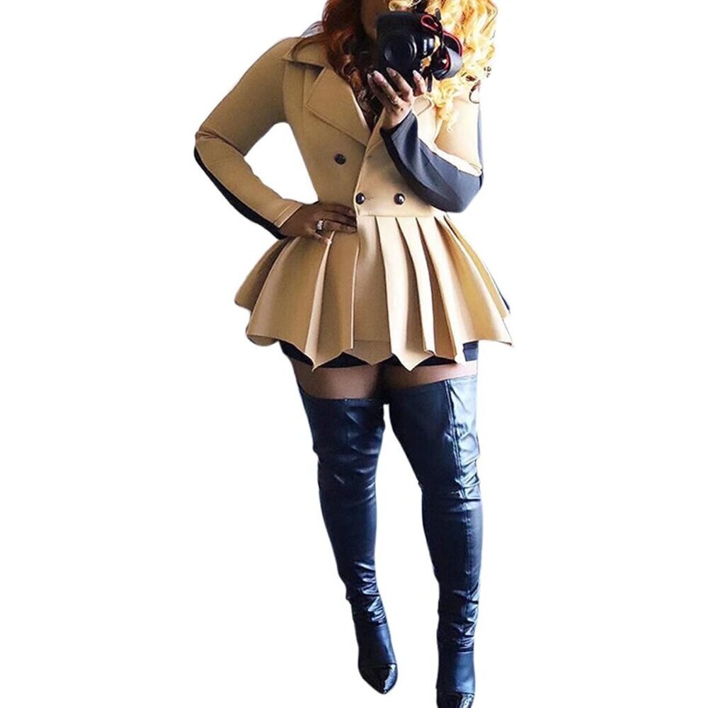 Women Khaki Two Tone V Neck Double Breasted Peplum Belted Blazer Mini Dress - Picture 4 of 7